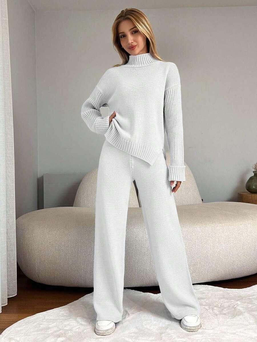kremowy komplet sweter spodnie