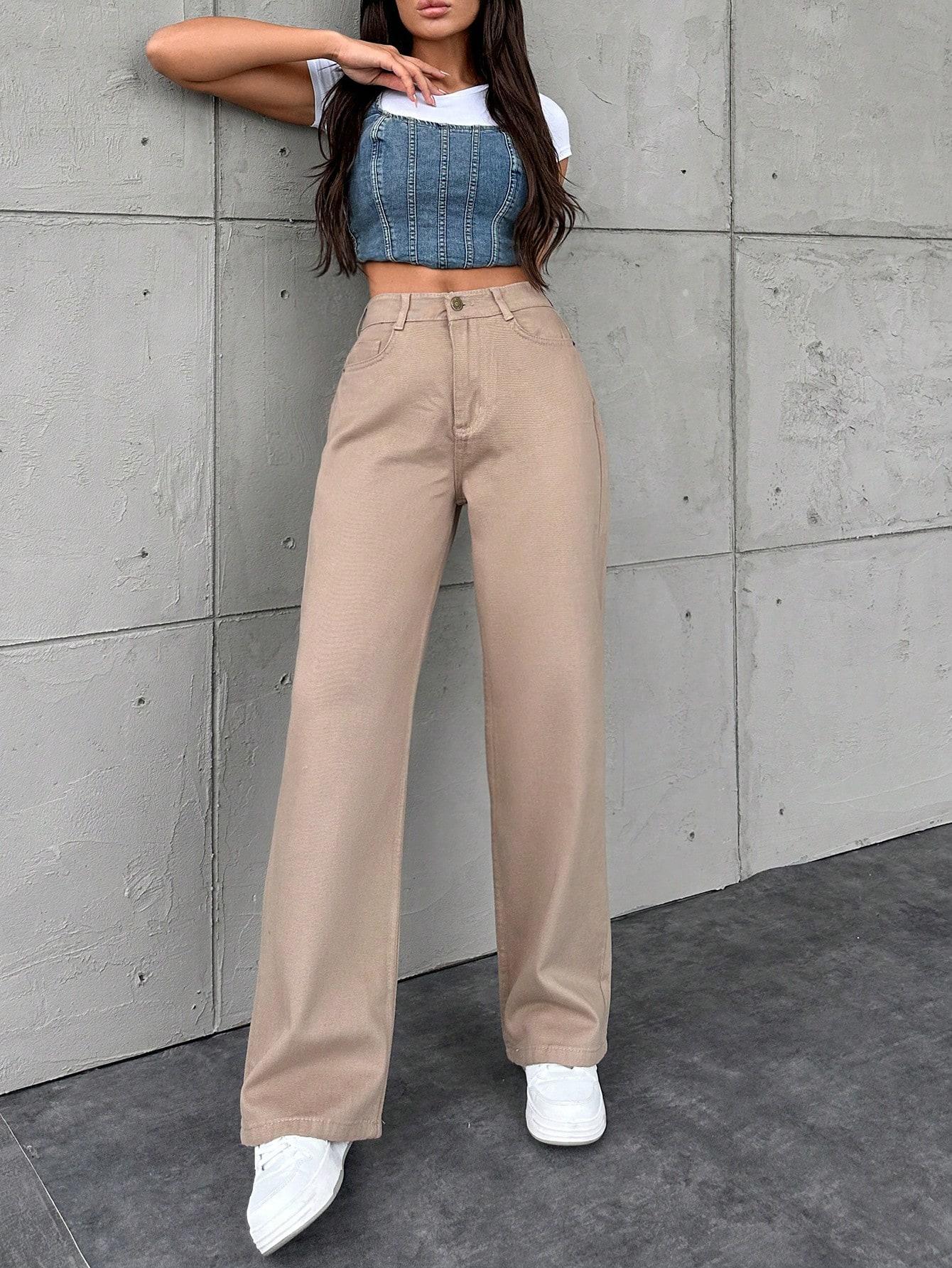 BEŻOWE SPODNIE JEANS PROSTE NOGAWKI