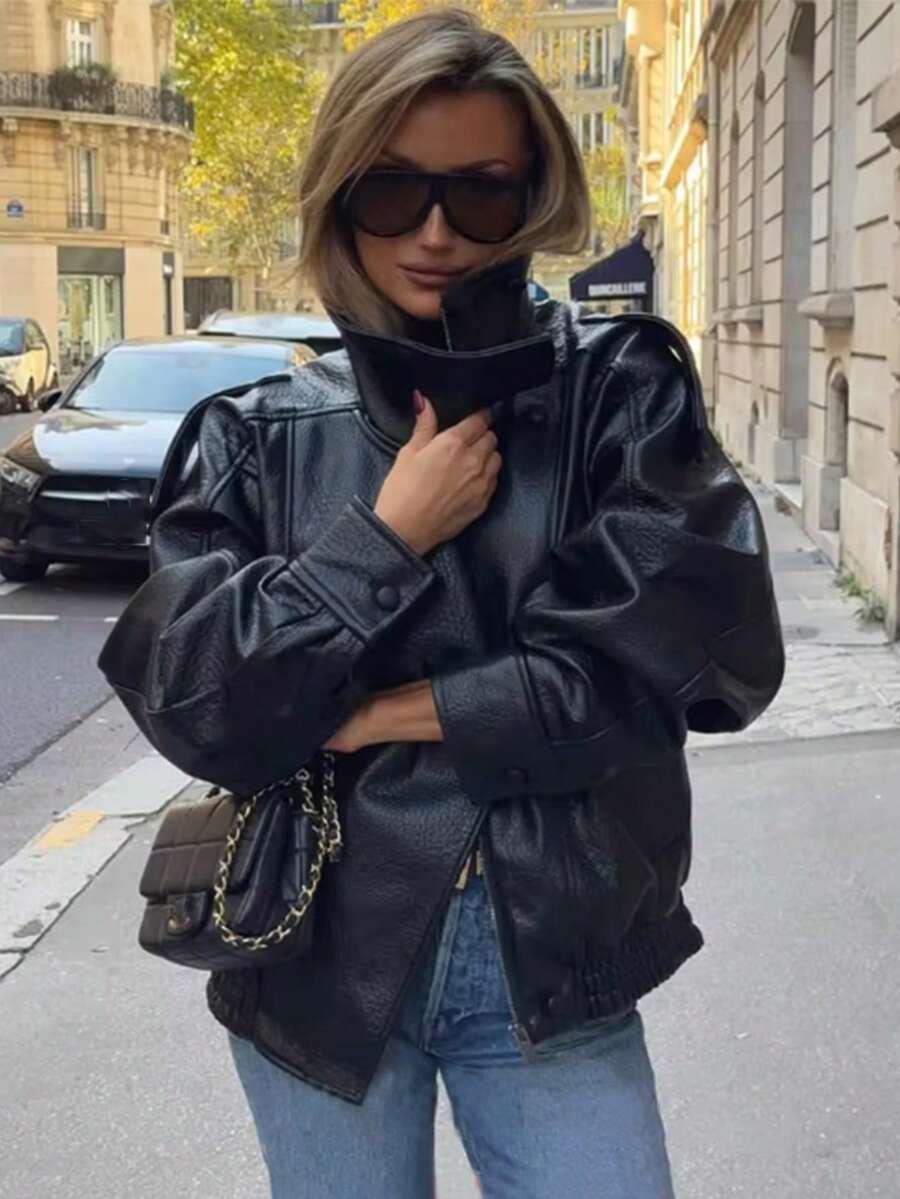 CZARNA KURTKA IMITACJA SKÓRY OVERSIZE
