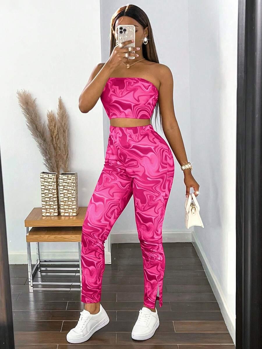 różowy komplet legginsy top