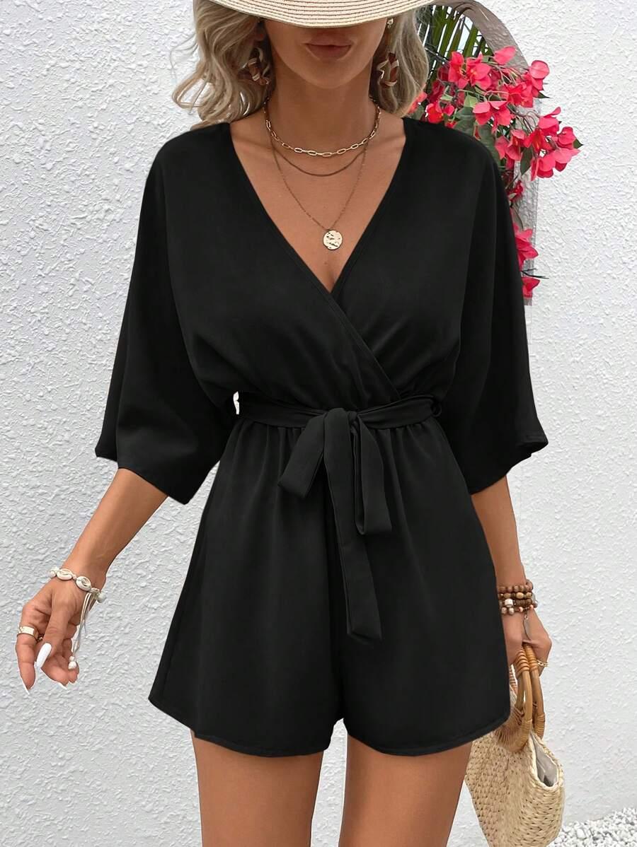 CZARNY KOMBINEZON V-NECK 