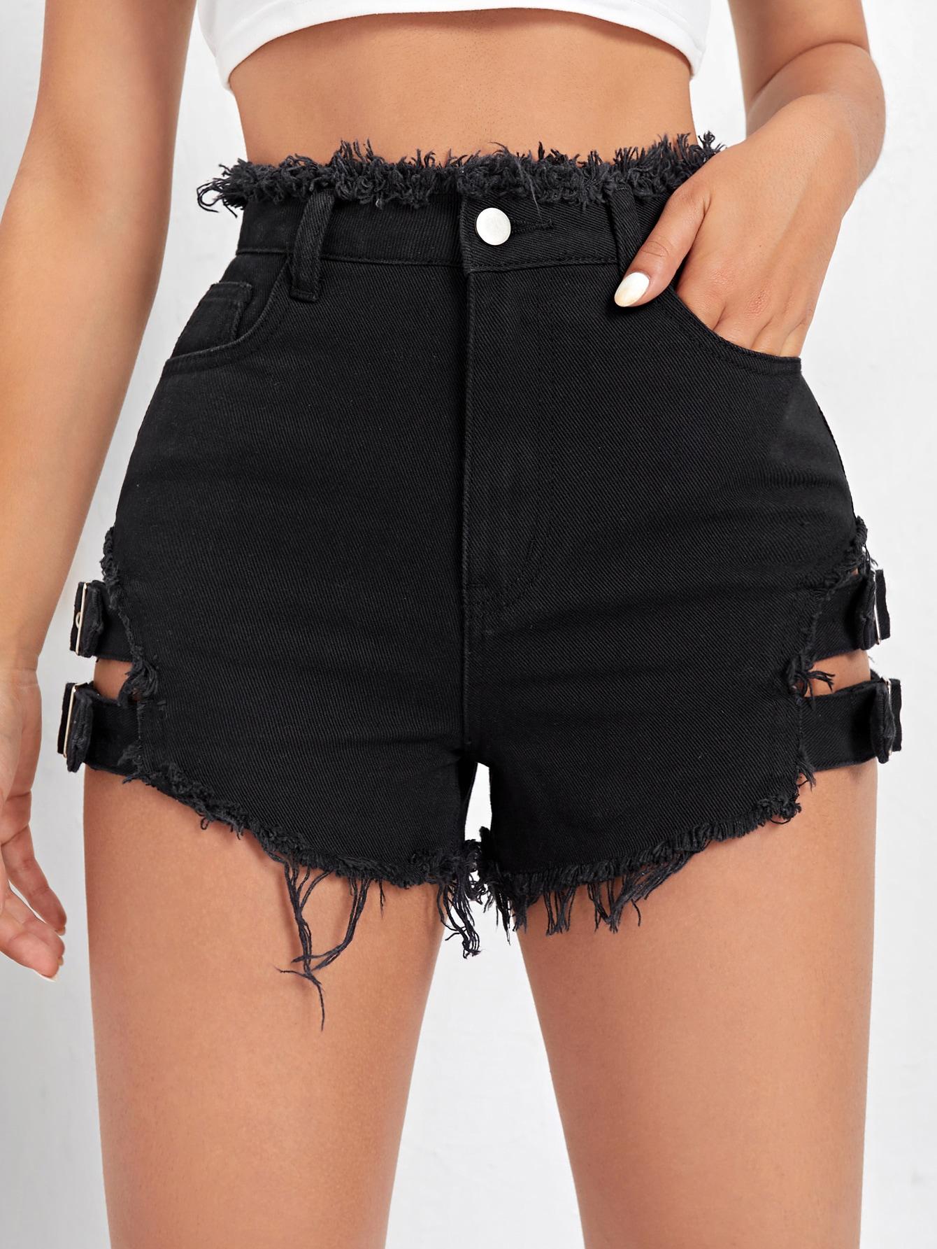 CZARNE SPODENKI JEANS RIPPED KLAMRY