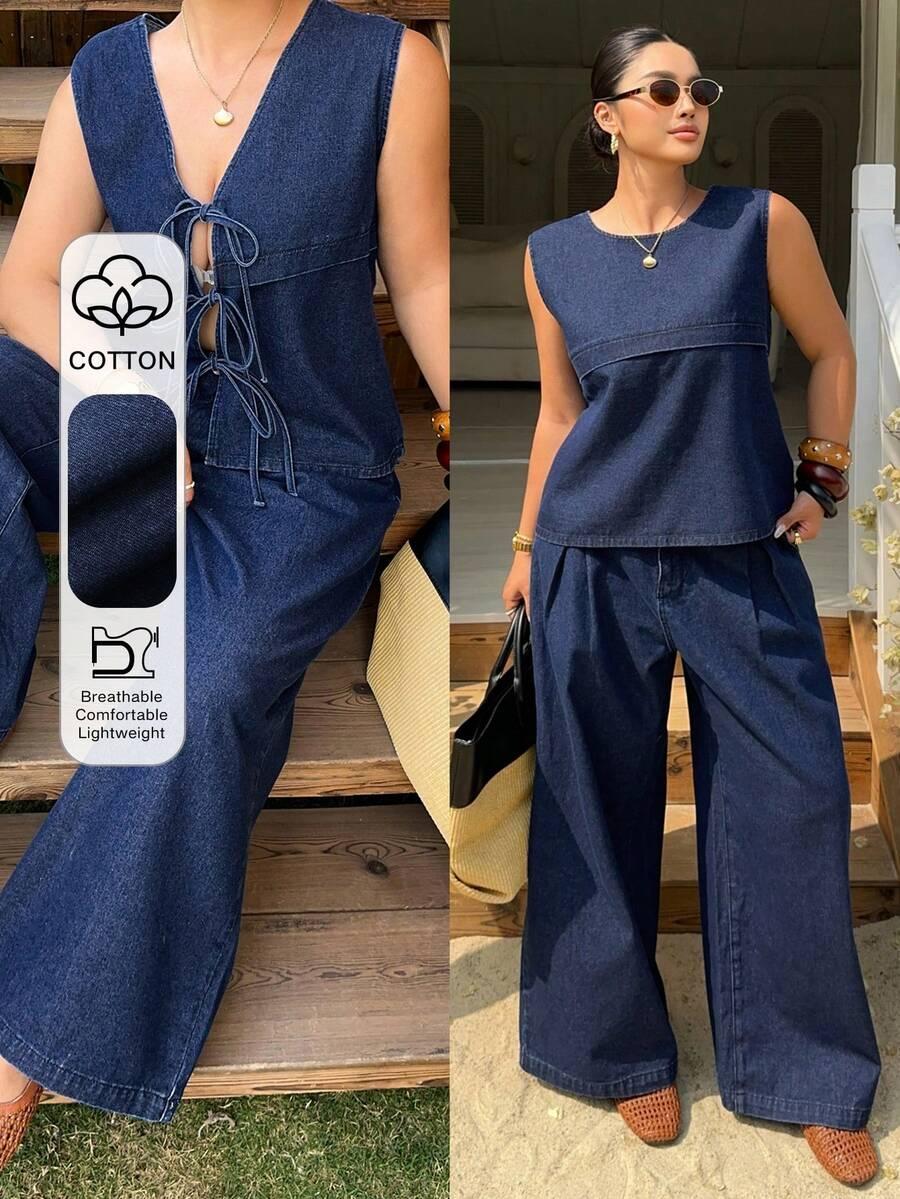 komplet jeans spodnie top