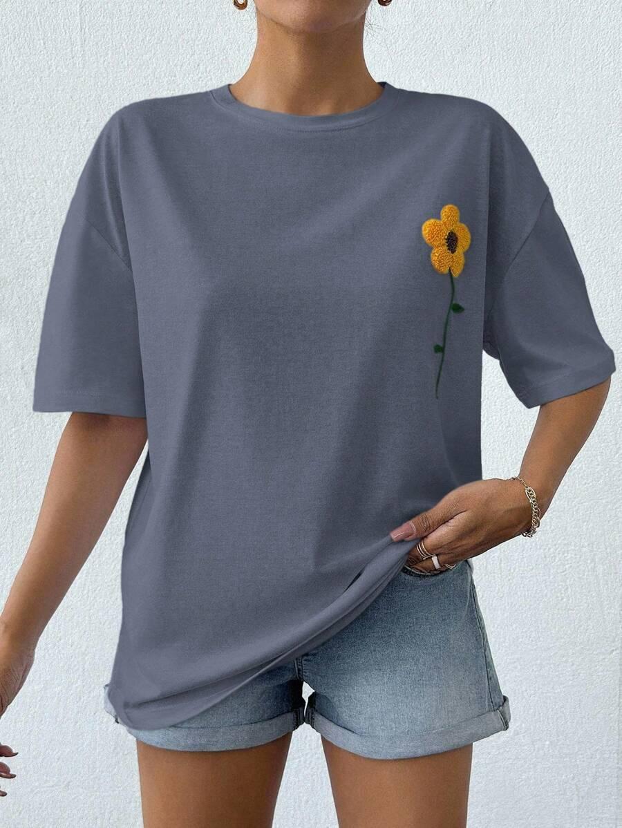 szary T-SHIRT HAFT KWIAT