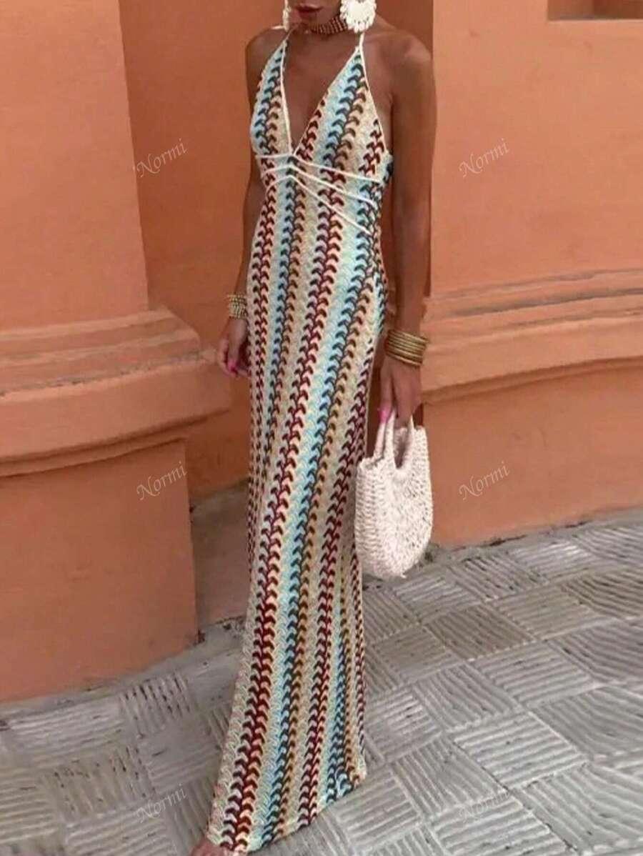 SUKIENKA OŁÓWKOWA BOHO MAXI Z GŁĘBOKIM DEKOLTEM I WIĄZANIEM
