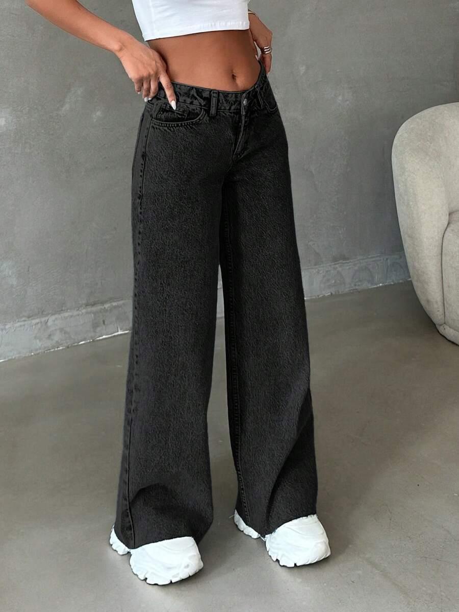 CZARNE SPODNIE JEANS SZEROKIE NOGAWKI 