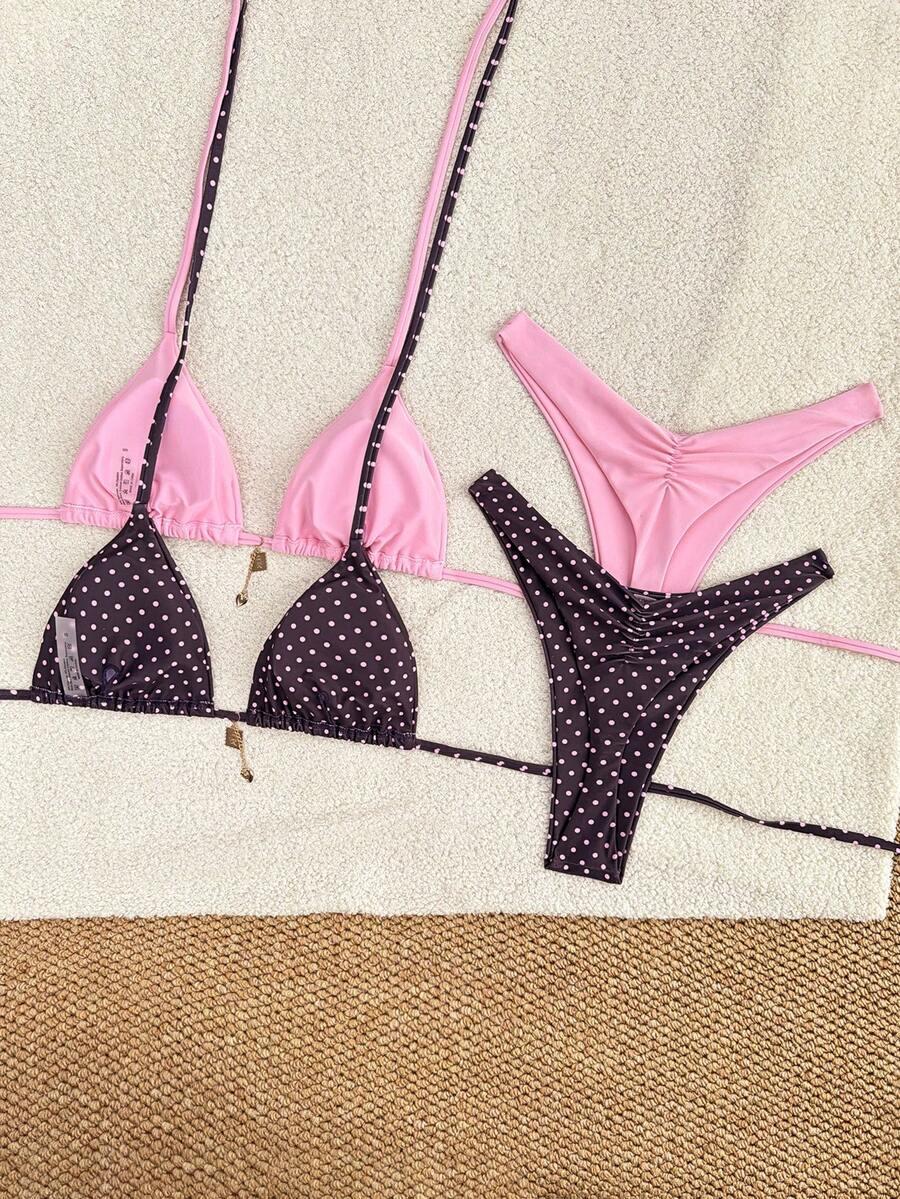 różowy komplet bikini wiązanie 