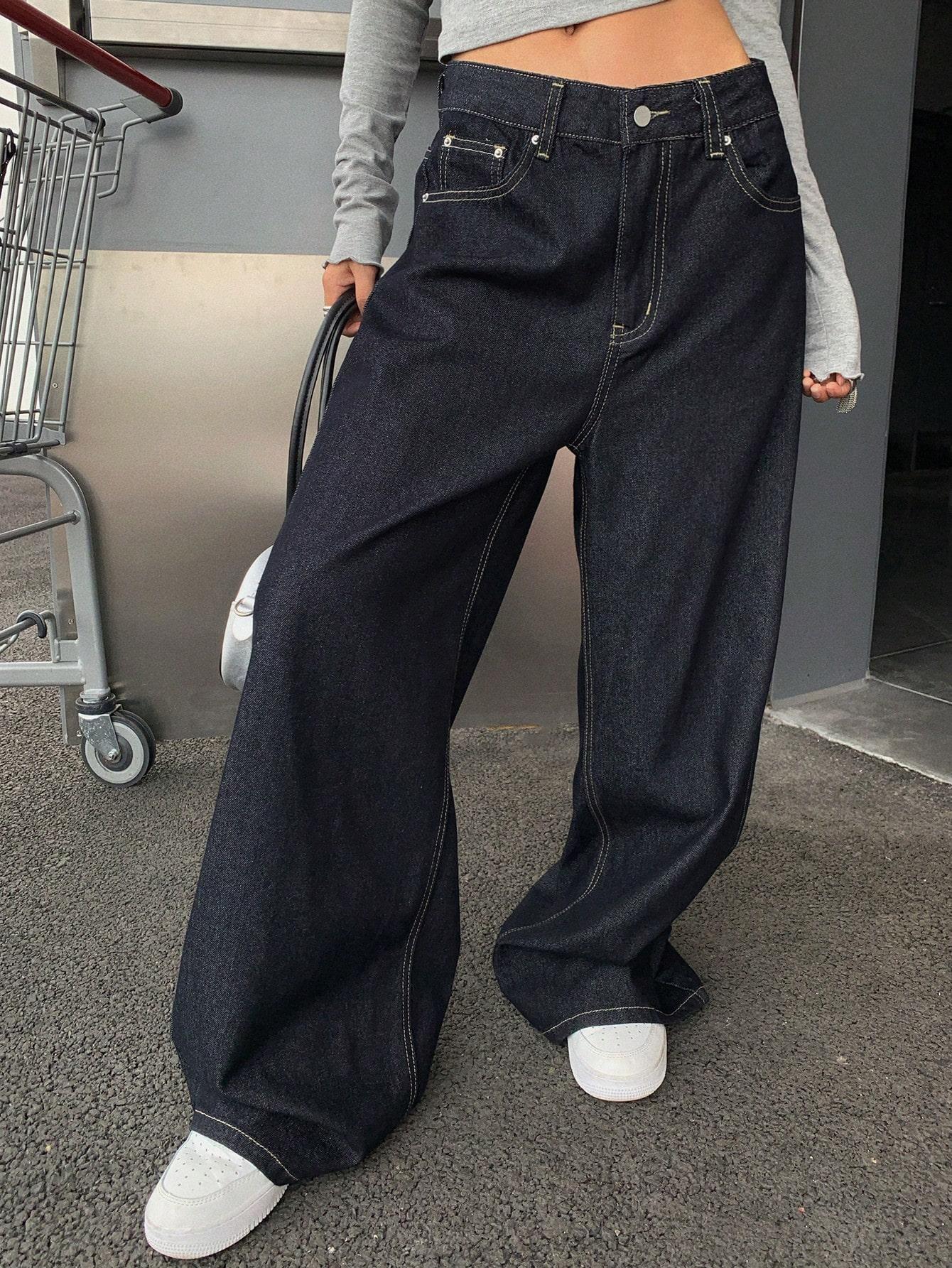 GRANATOWE SPODNIE JEANS PROSTA NOGAWKA 