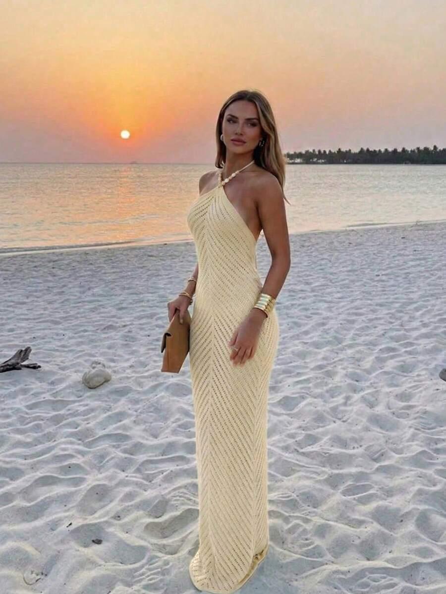 kremowa dzianinowa maxi sukienka 