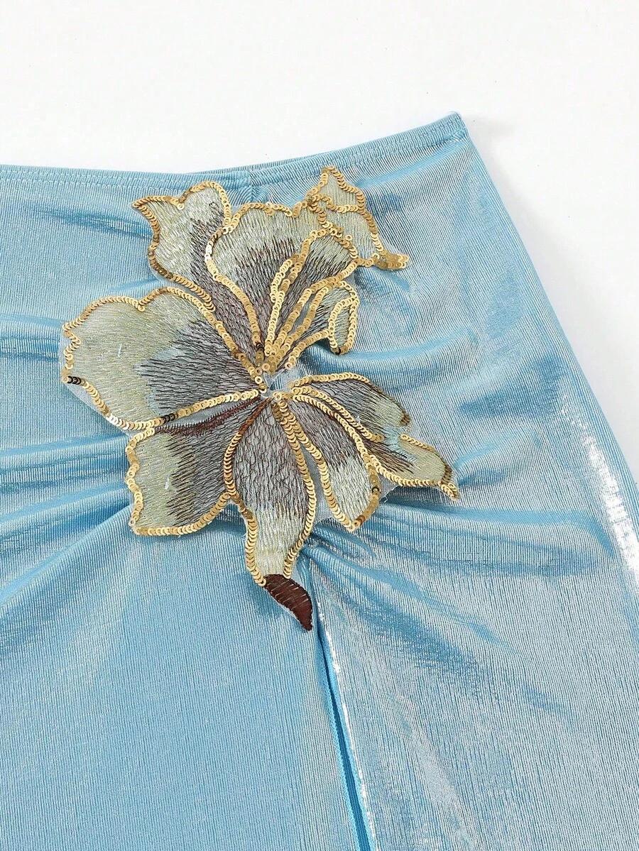 NIEBIESKI TRZYCZĘŚCIOWY KOMPLET BIKINI KWIAT 3D