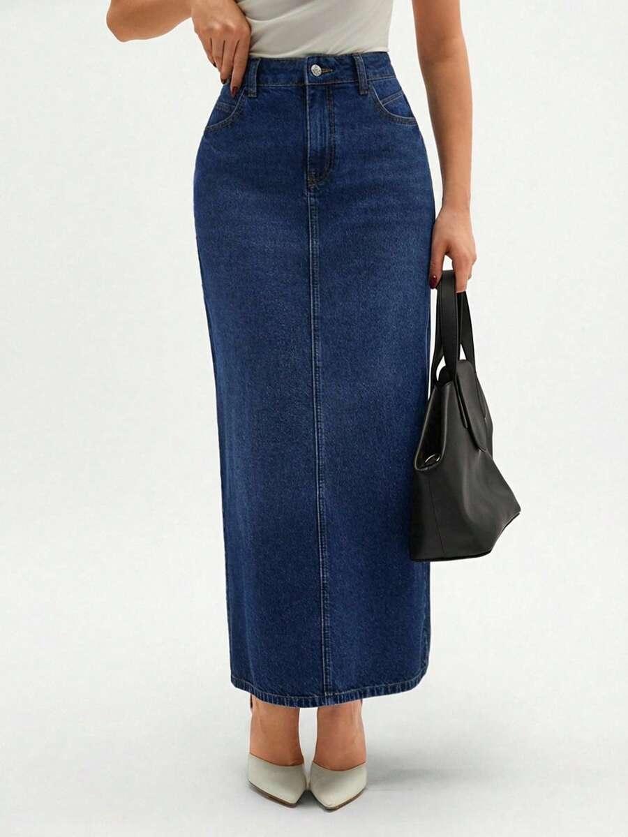 niebieska maxi spódnica z rozcięciem jeans