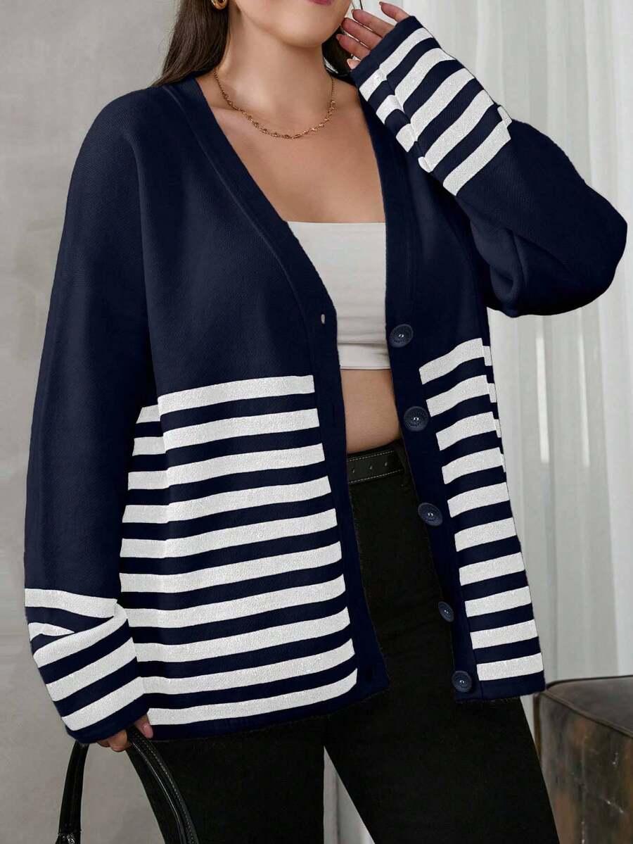 granatowy sweter v neck wzór paski