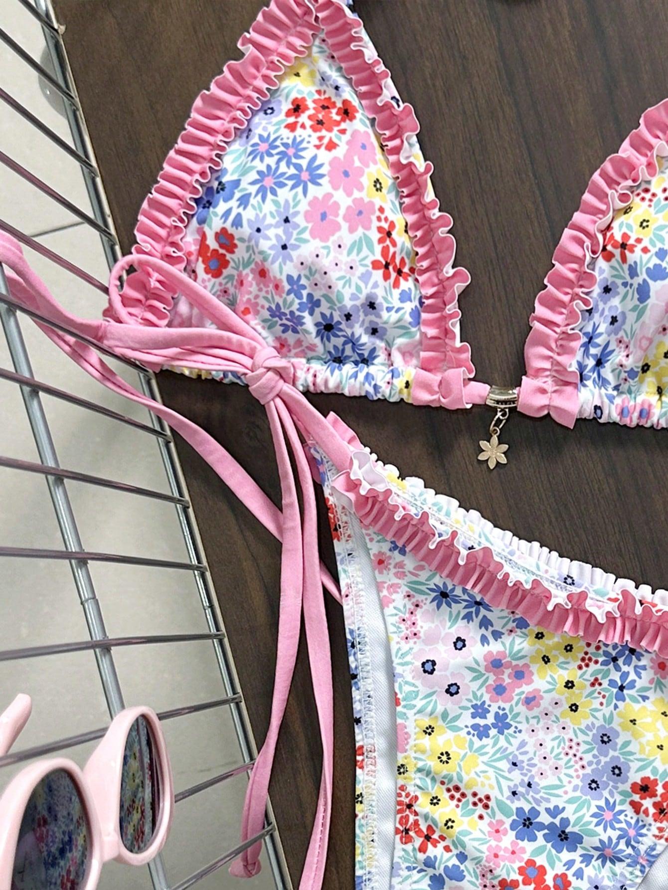 KOMPLET BIKINI WIĄZANY W KWIATY