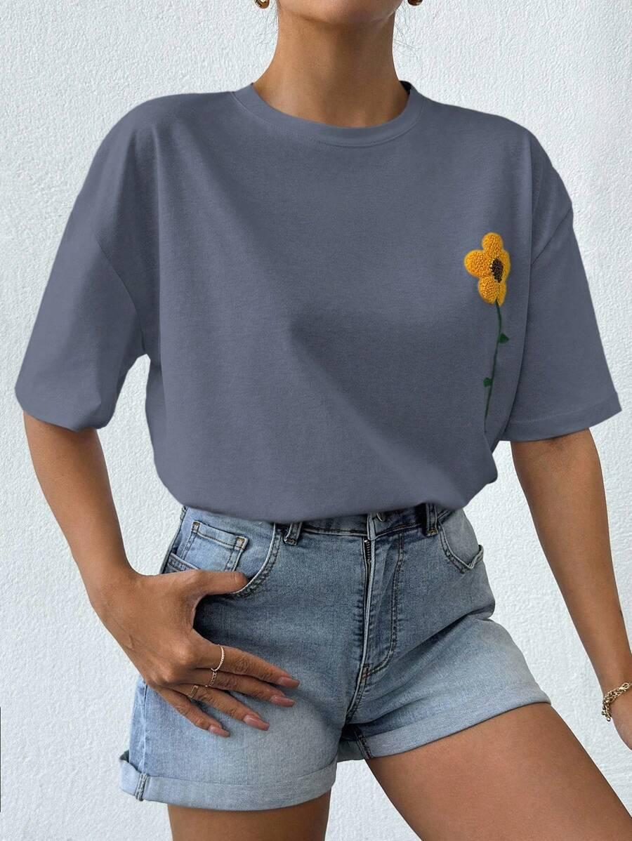 szary T-SHIRT HAFT KWIAT