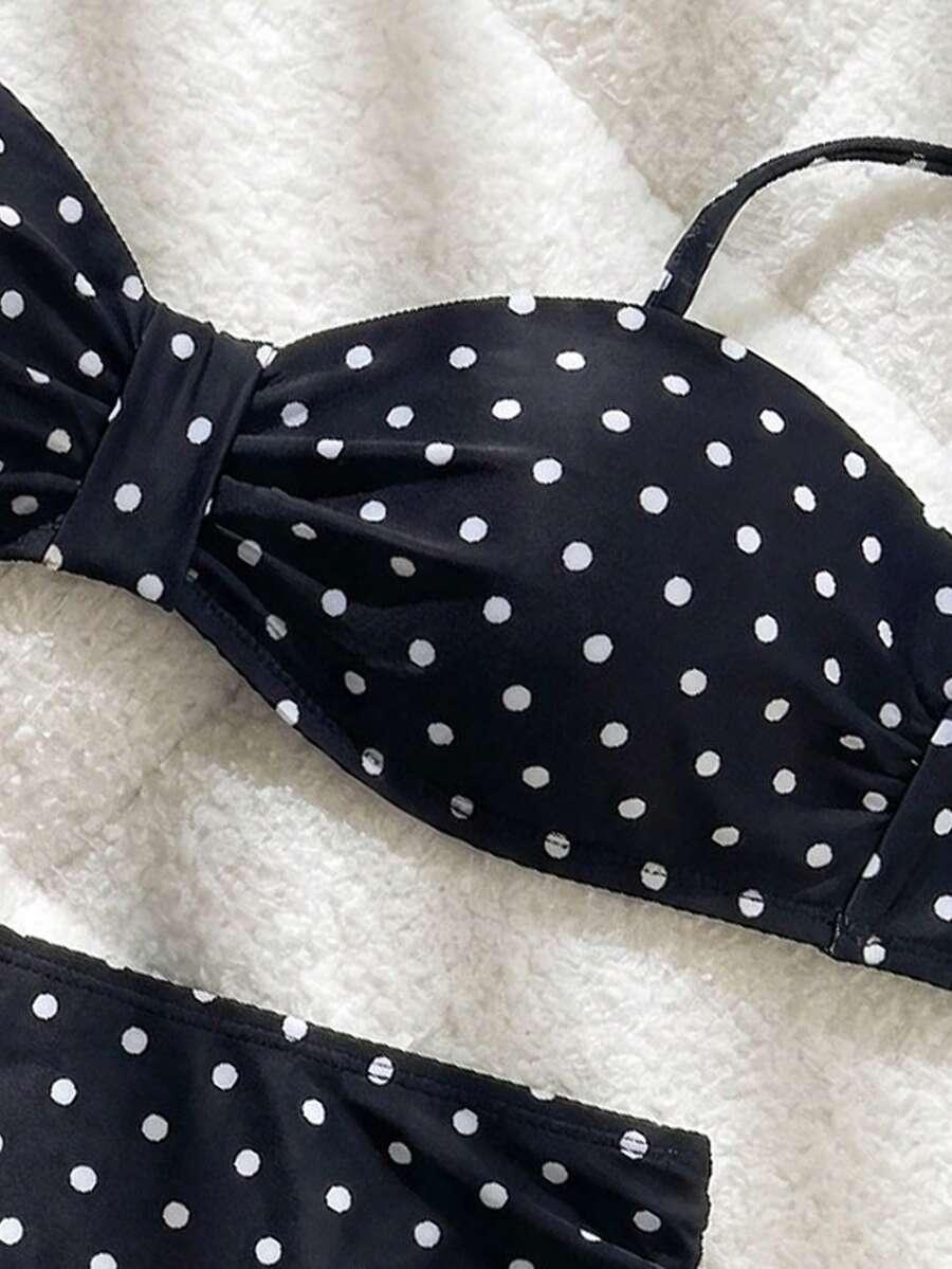 CZARNY DWUCZĘŚCIOWY STRÓJ KĄPIELOWY GROSZKI