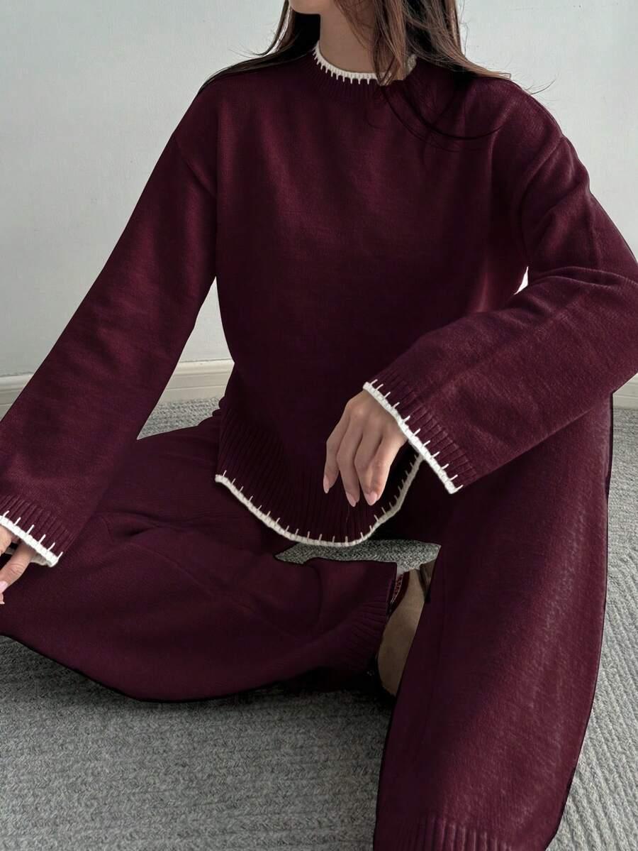 bordowy komplet sweter spodnie