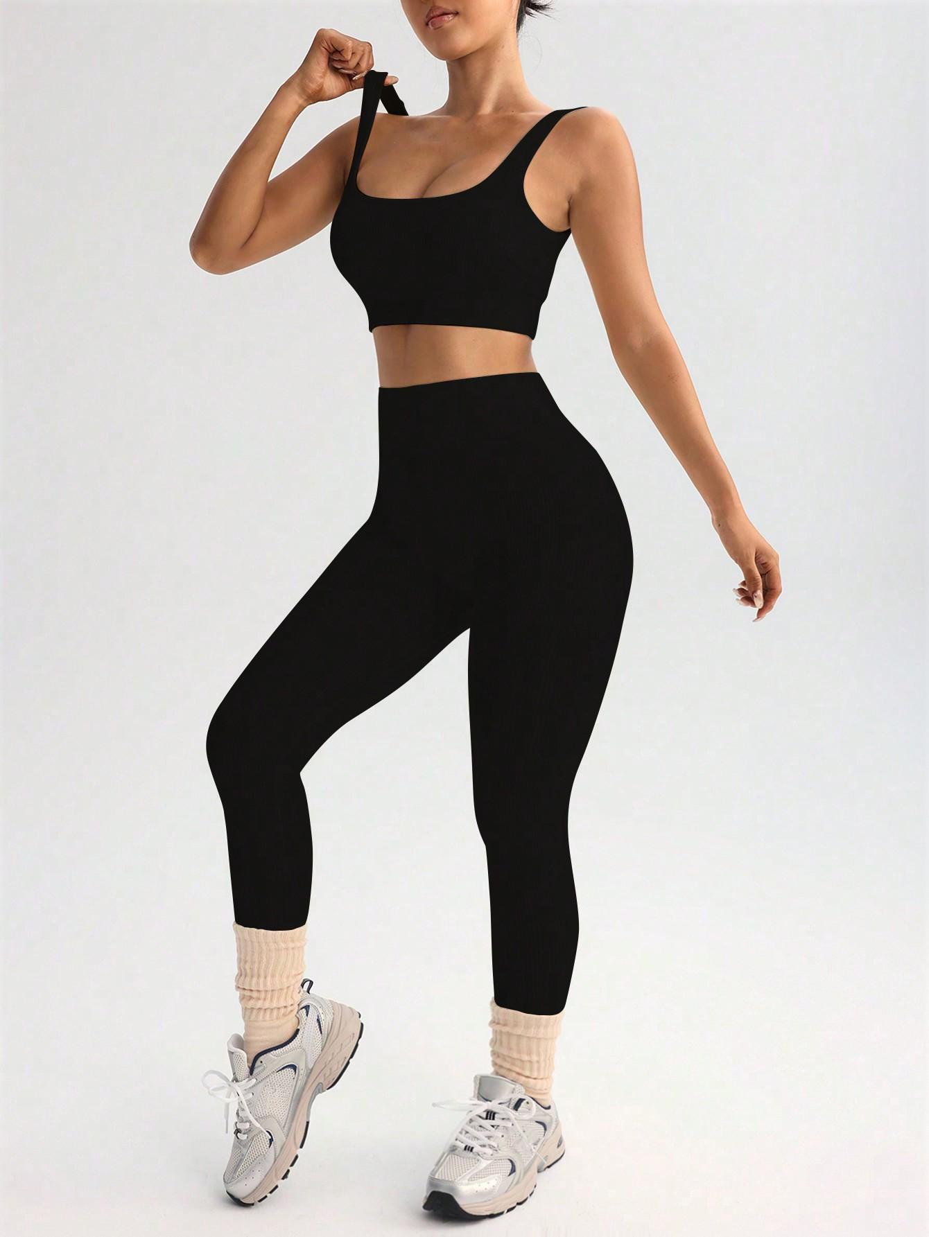 CZARNY KOMPLET TOP LEGGINSY PRĄŻKI 