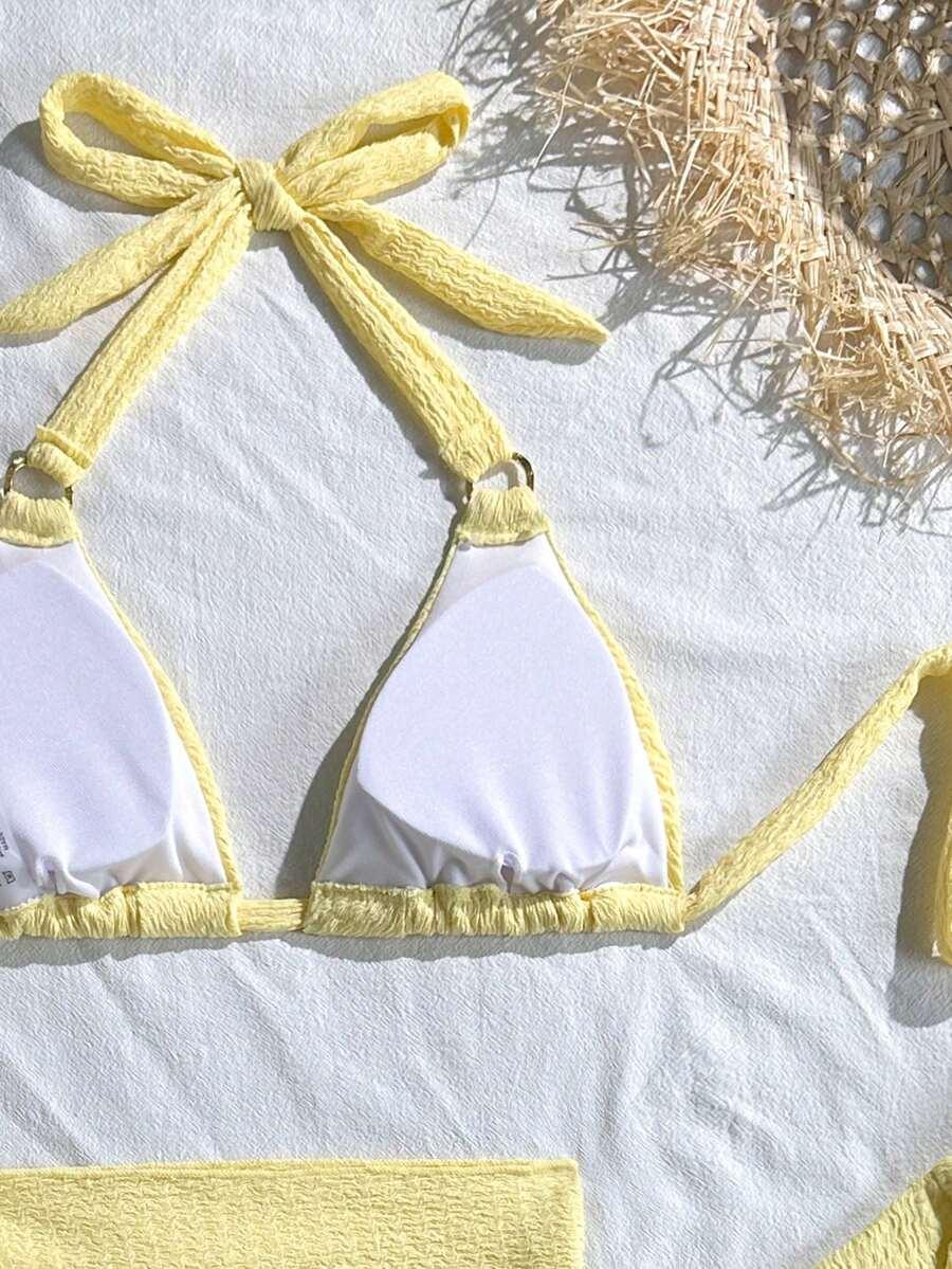 żółty trzyczęściowy komplet bikini wiązanie