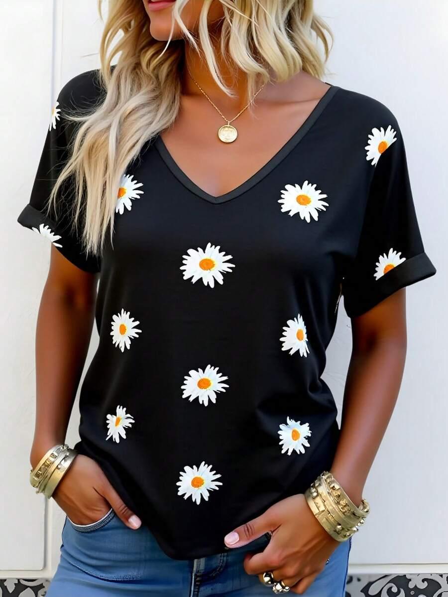T-SHIRT DAMSKI KWIATY DEKOLT V