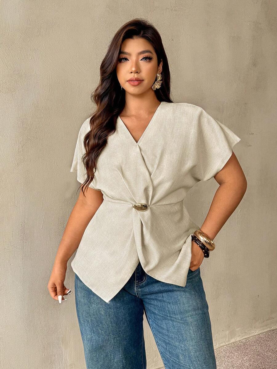 BEŻOWA BLUZKA V-NECK