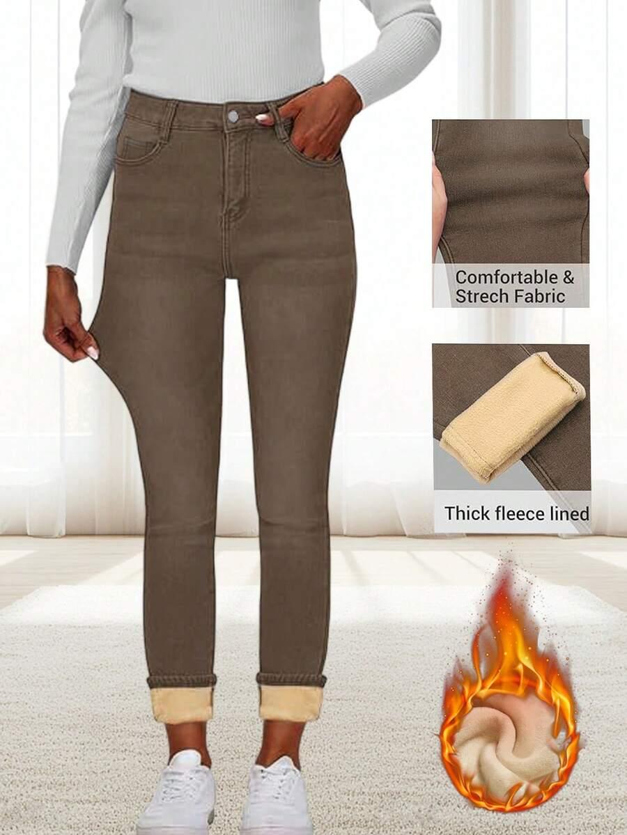 brązowe spodnie jeans ocieplane