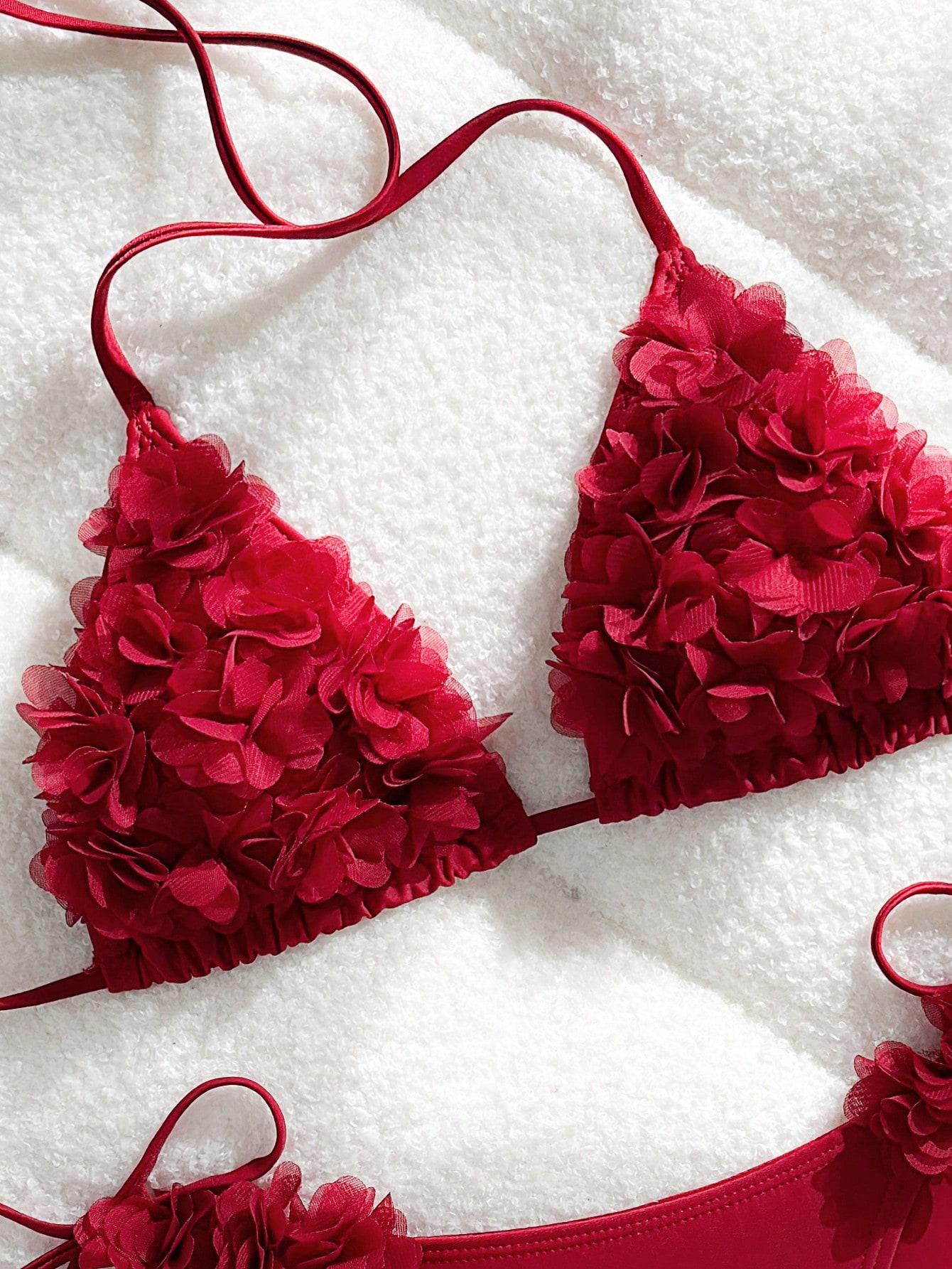 CZERWONY KOMPLET BIKINI ZDOBIENIE 3D