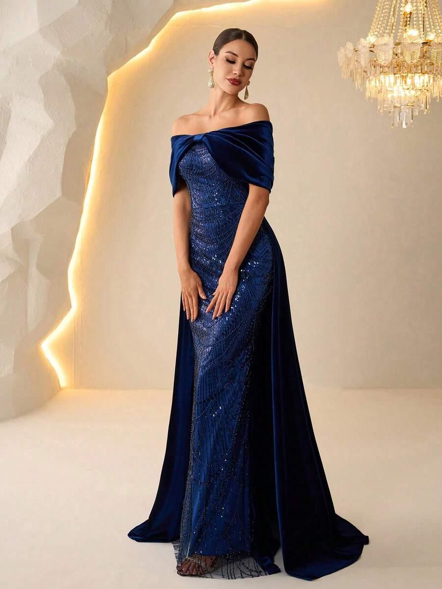 niebieska maxi sukienka zdobienie