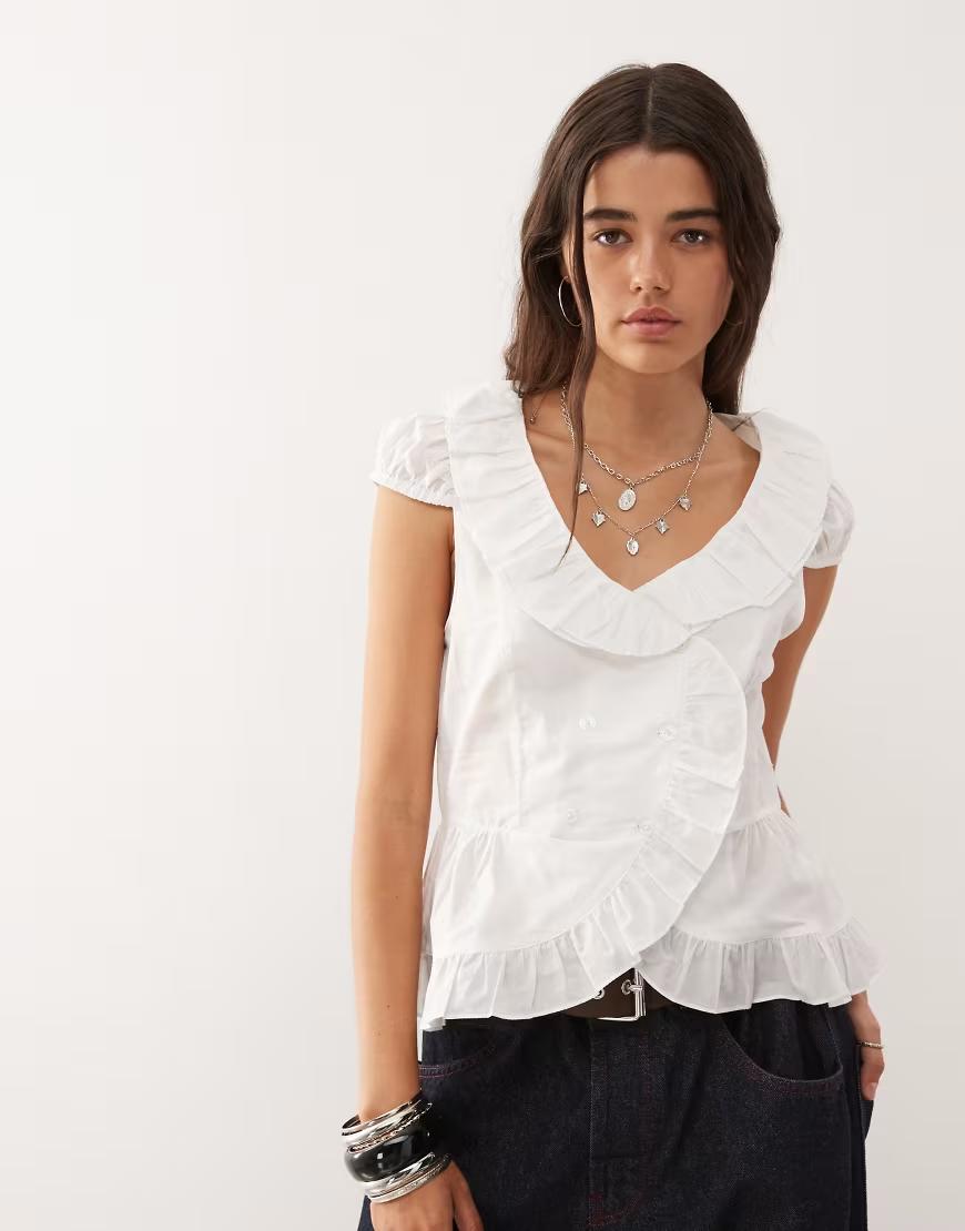 BIAŁA BLUZKA V-NECK FALBANY