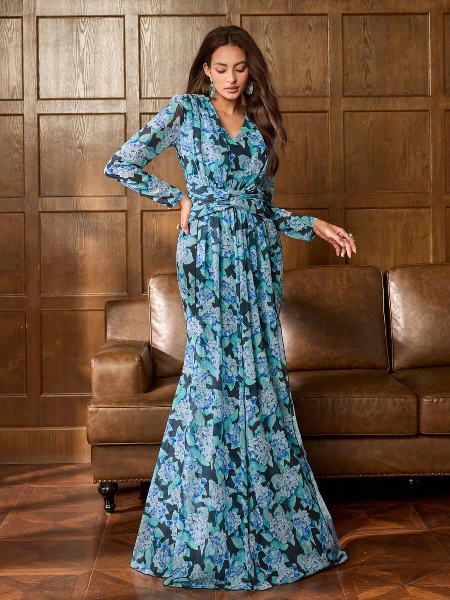 maxi sukienka długi rękaw wzór v neck