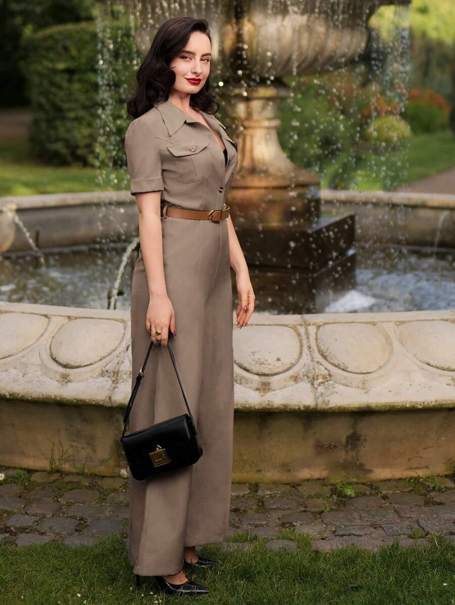  ELEGANCKI DAMSKI KOMBINEZON Z KOŁNIERZEM 