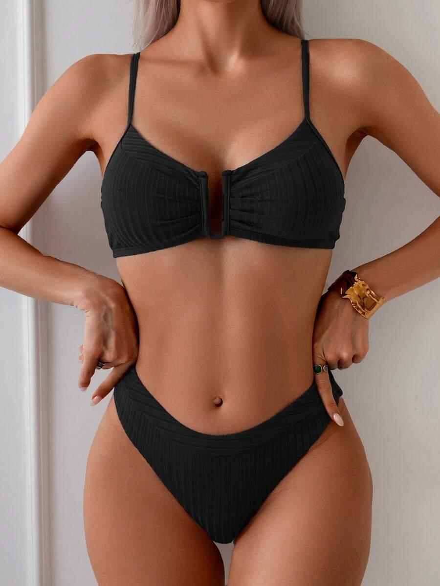 czarny komplet bikini prążki