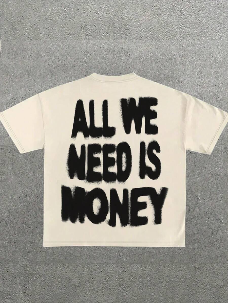 kremowy t-shirt okrągły dekolt print 