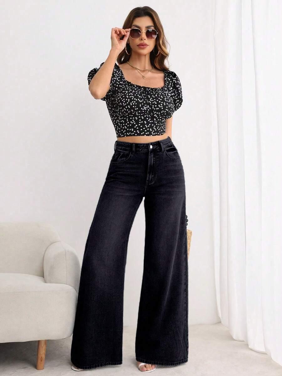 CZARNE SPODNIE JEANS SZEROKA NOGAWKA