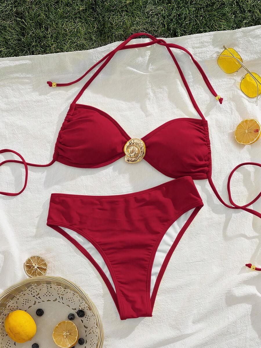 CZERWONY KOMPLET BIKINI ZDOBIENIE