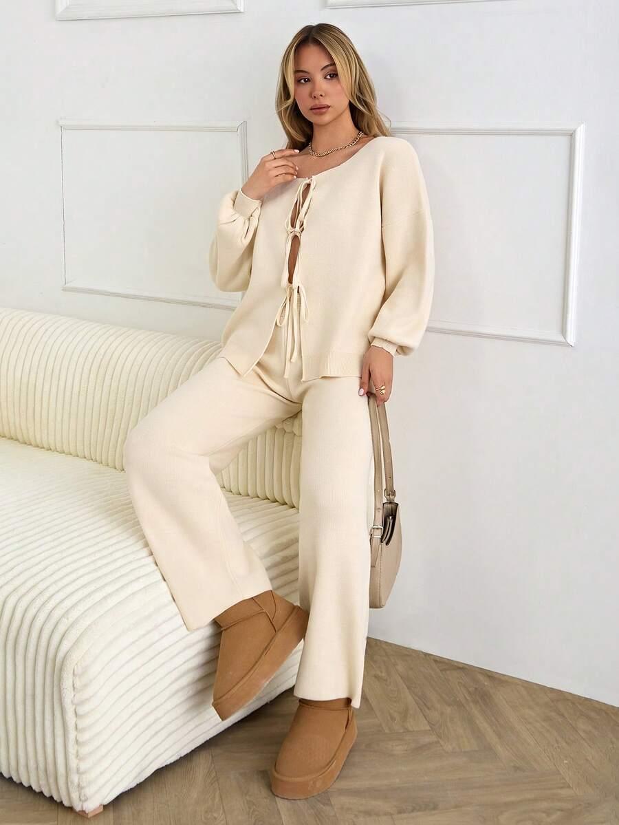 BEŻOWY KOMPLET SWETER SPODNIE 