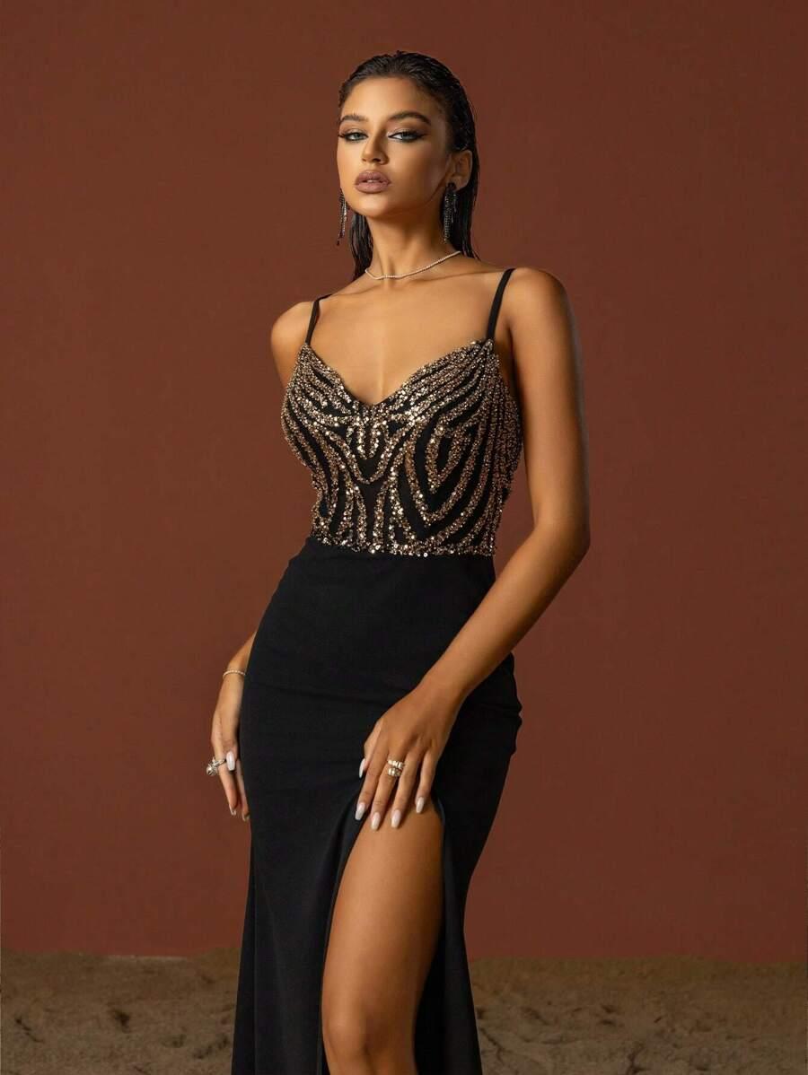 CZARNA MAXI SUKIENKA ZDOBIENIE