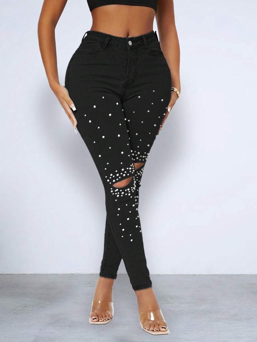 czarne spodnie jeans zdobienia 