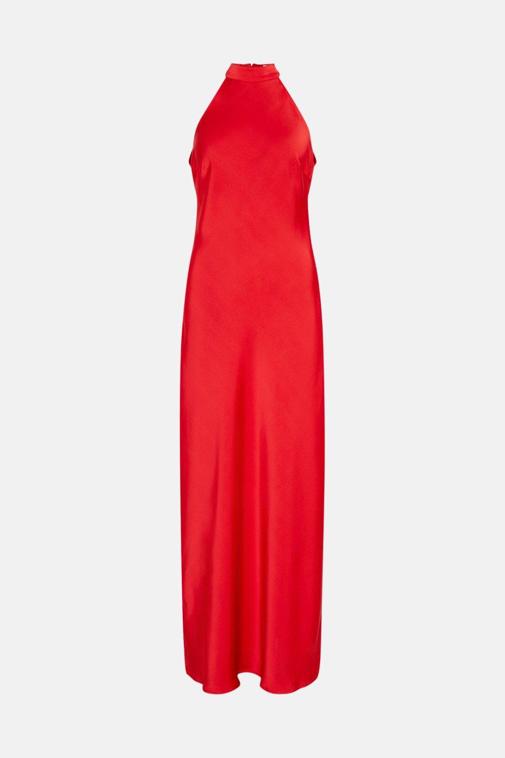 satynowa czerwona maxi sukienka odkryte plecy