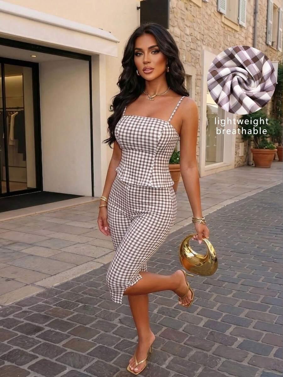 komplet spodnie capri rozcięcia top kratka