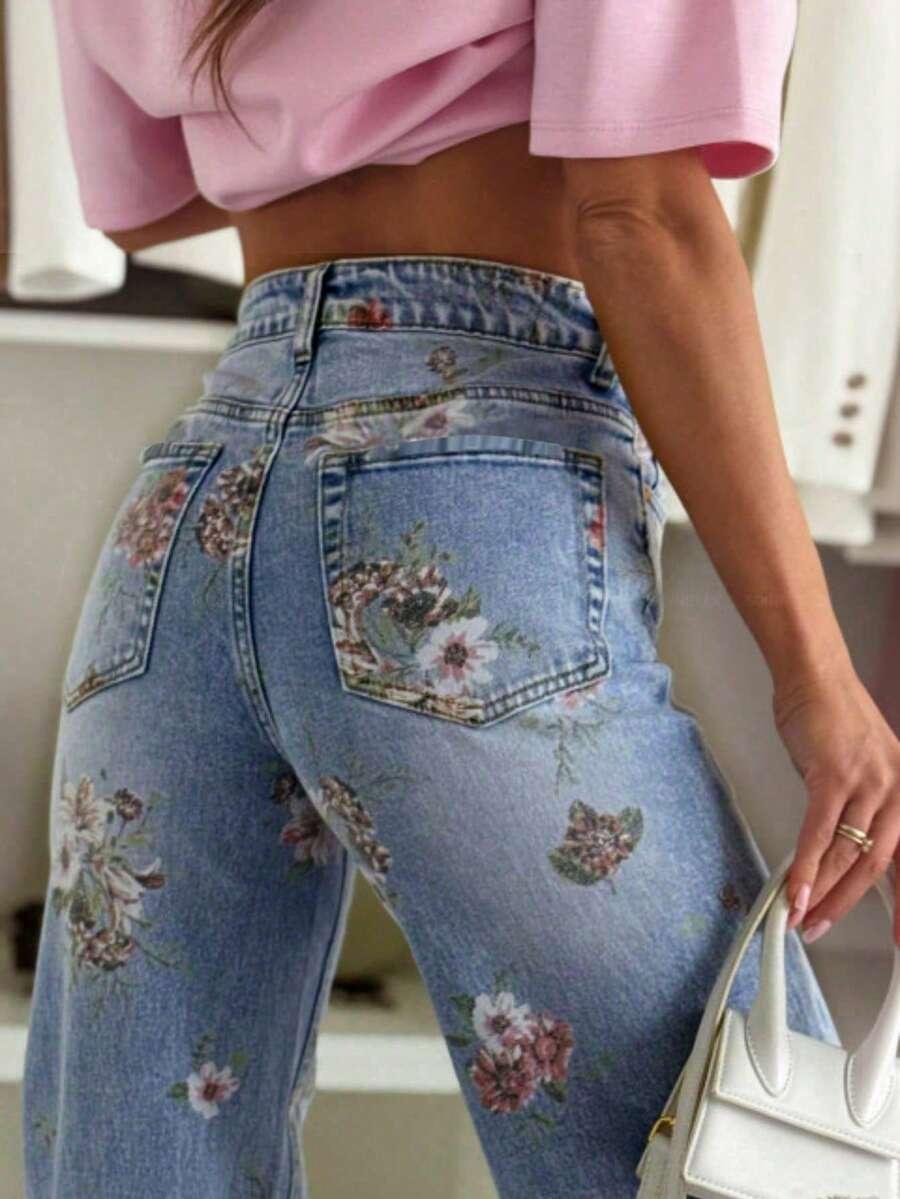 SPODNIE JEANS W KWIATY