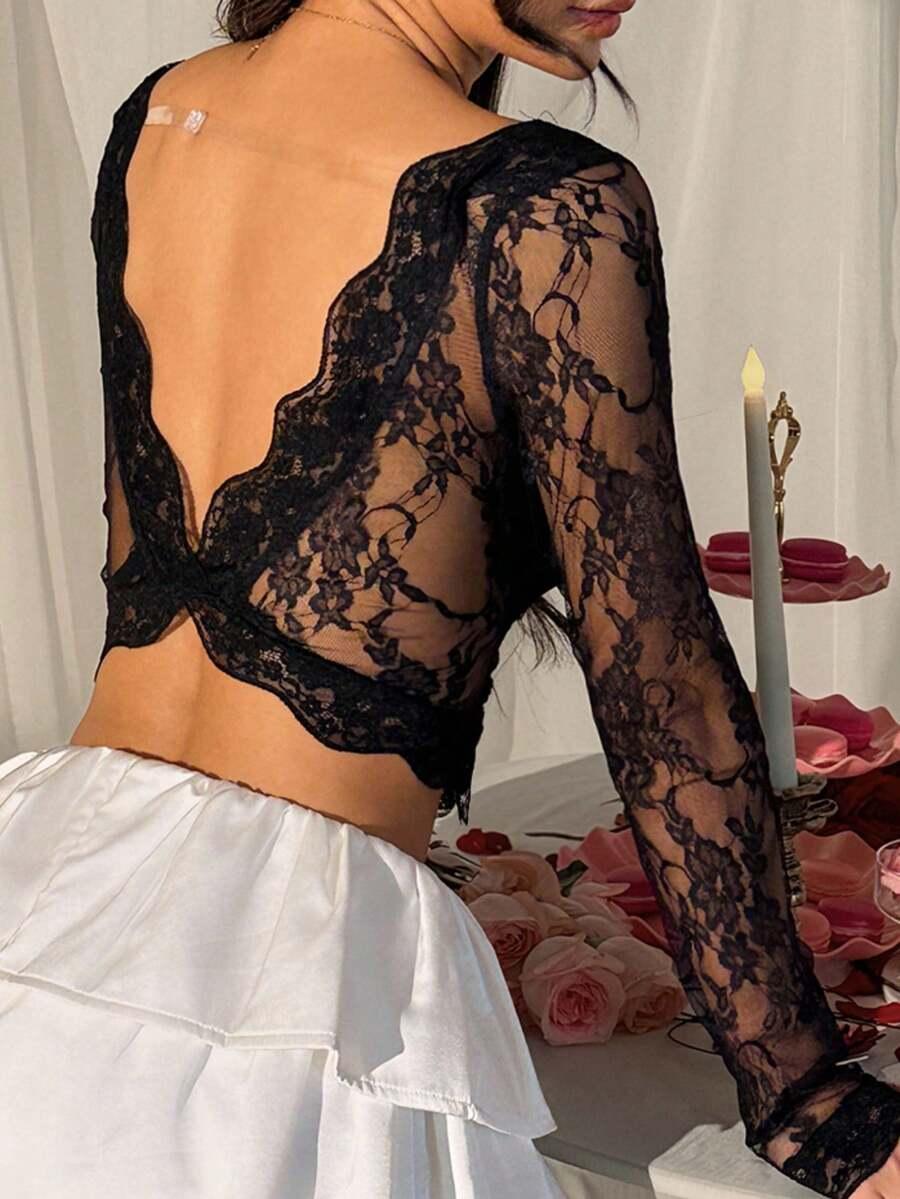 czarny koronkowy top