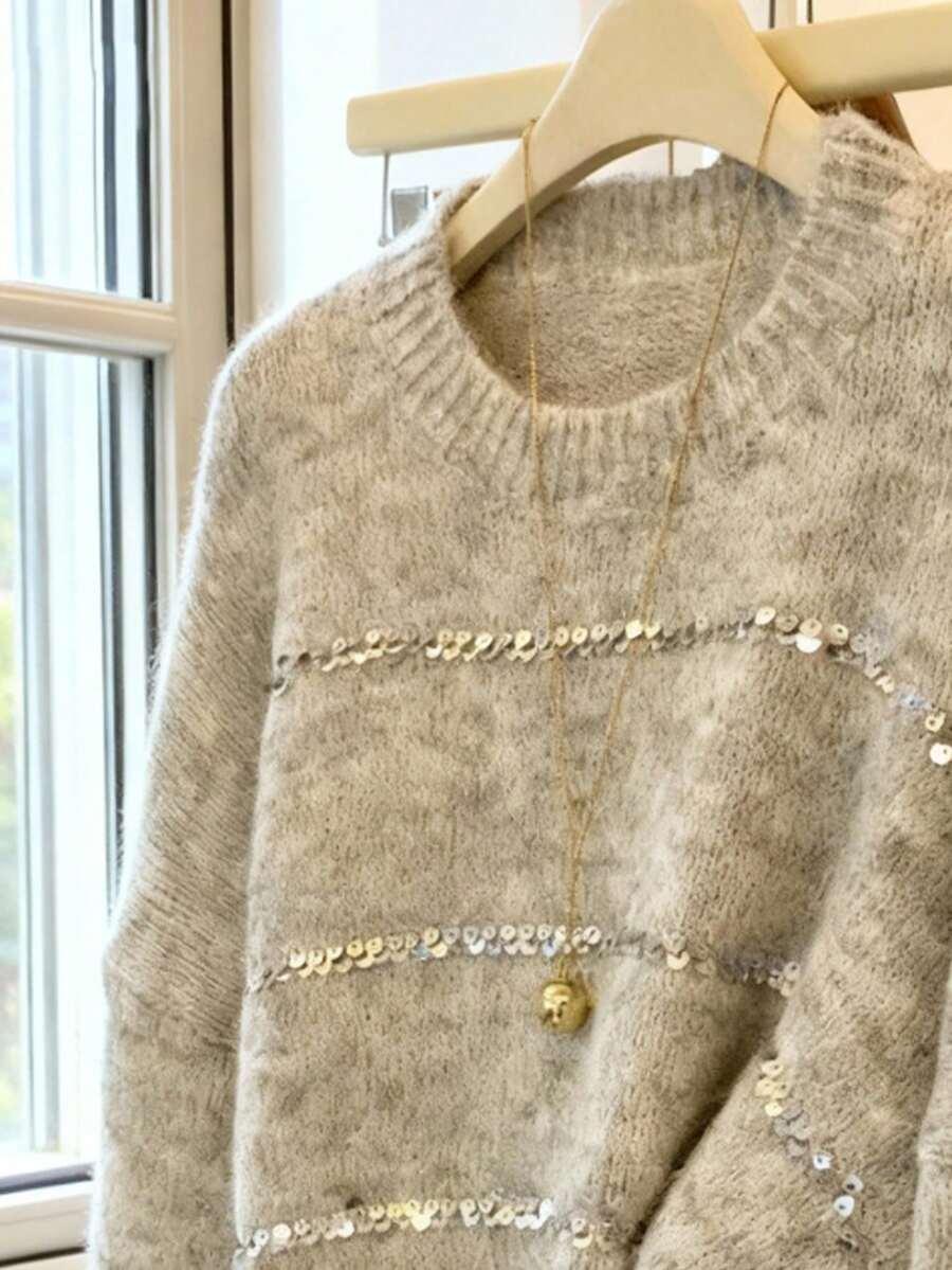 SZARY DZIANINOWY SWETER ZDOBIENIE CEKINY 