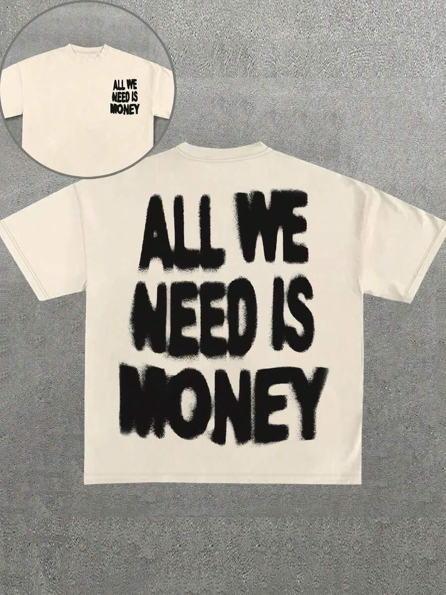 kremowy t-shirt okrągły dekolt print 