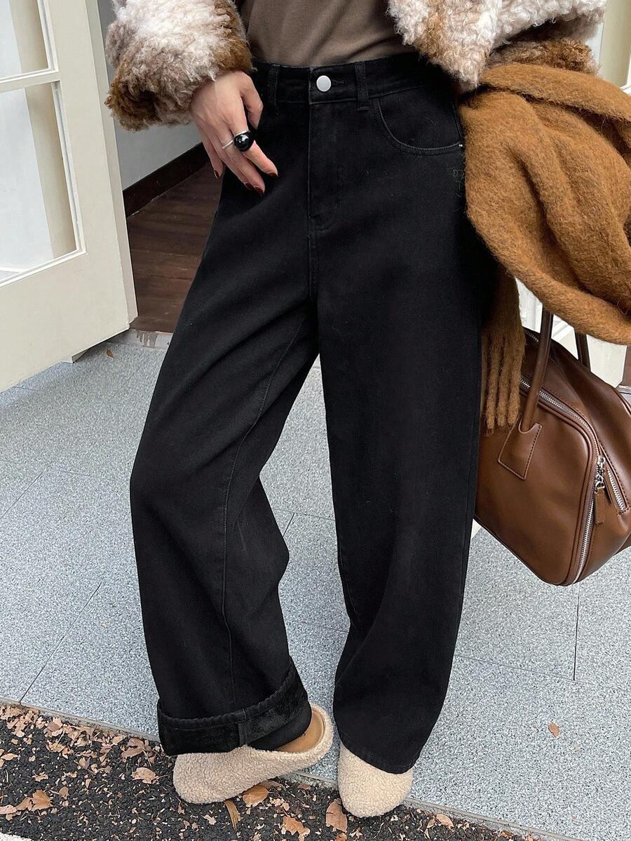 CZARNE OCIEPLANE SPODNIE JEANS