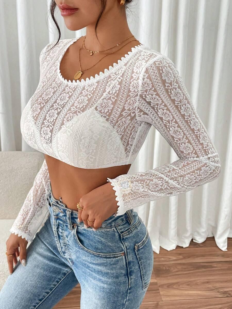 biały crop top długi rękaw koronka 