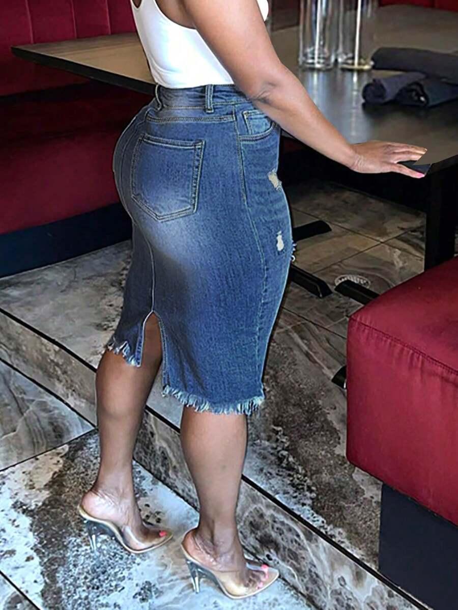 NIEBIESKA SPÓDNICA JEANS PRZETARCIA 
