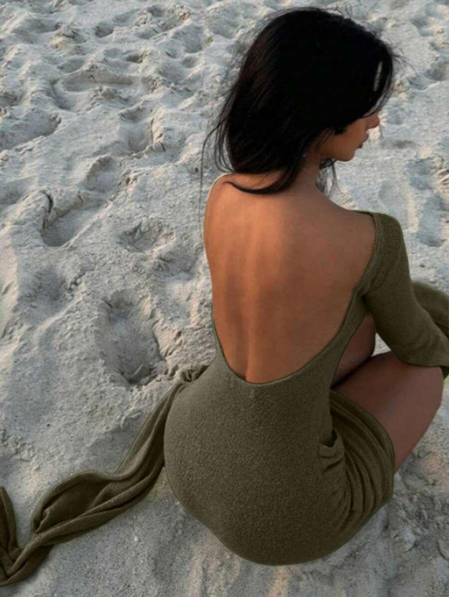 KHAKI DZIANINOWA MINI SUKIENKA