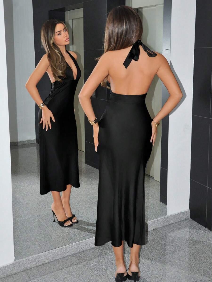 CZARNA SATYNOWA SUKIENKA V-NECK