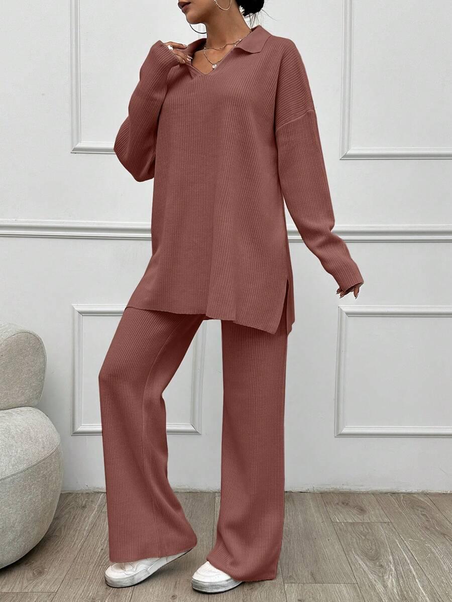 RÓŻOWY DZIANINOWY SWETER SPODNIE KOMPLET