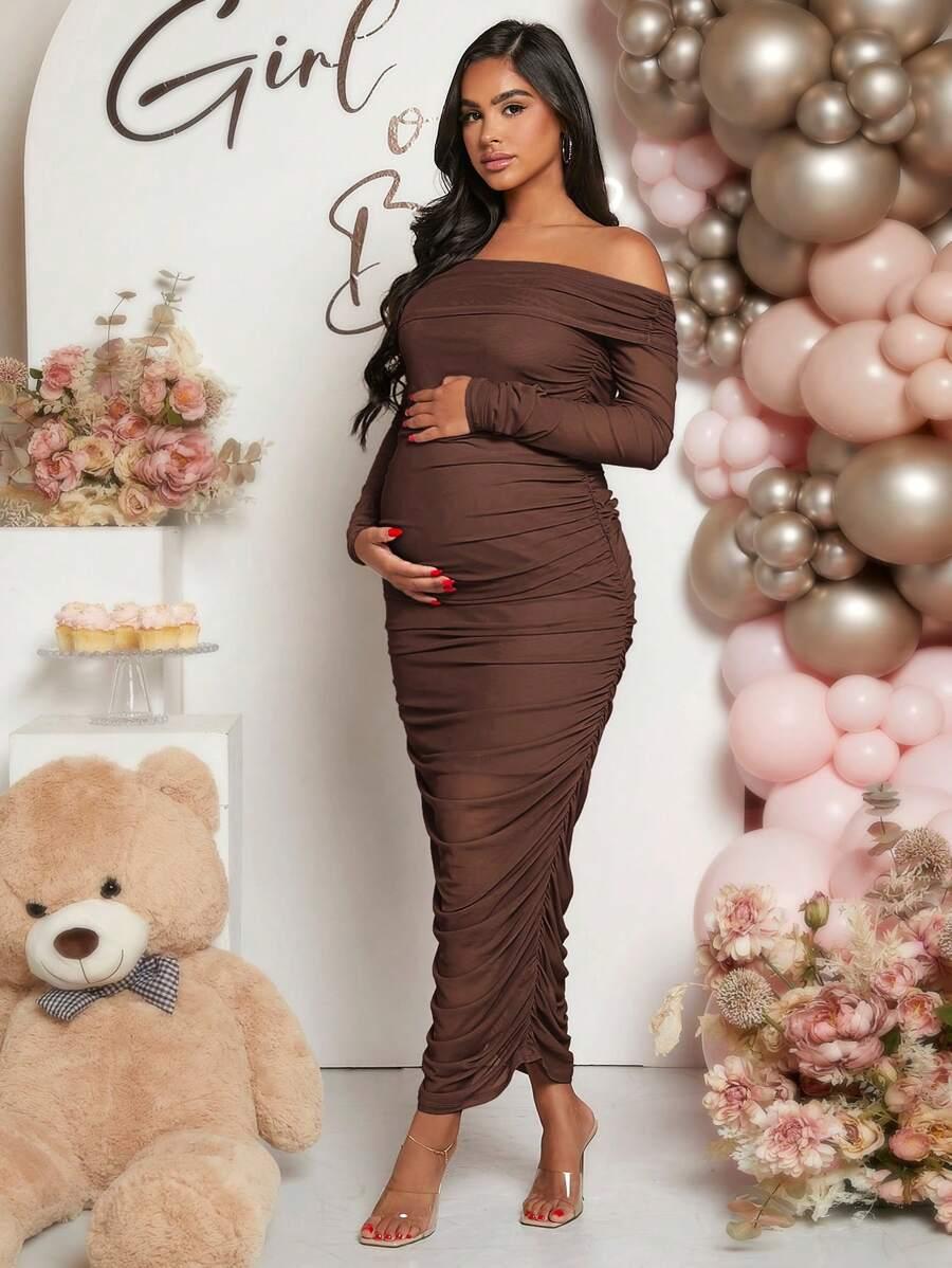 BRĄZOWA MAXI SUKIENKA MARSZCZENIA